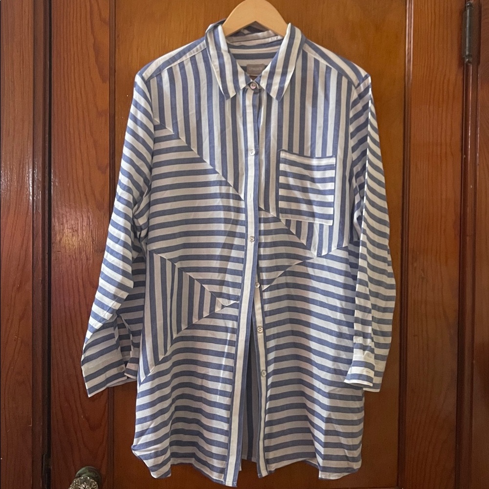 Chico's Blue and White Striped Button-Up Tunic